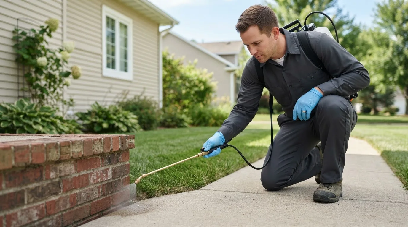 Pest control technician treating a home near Durham, NC